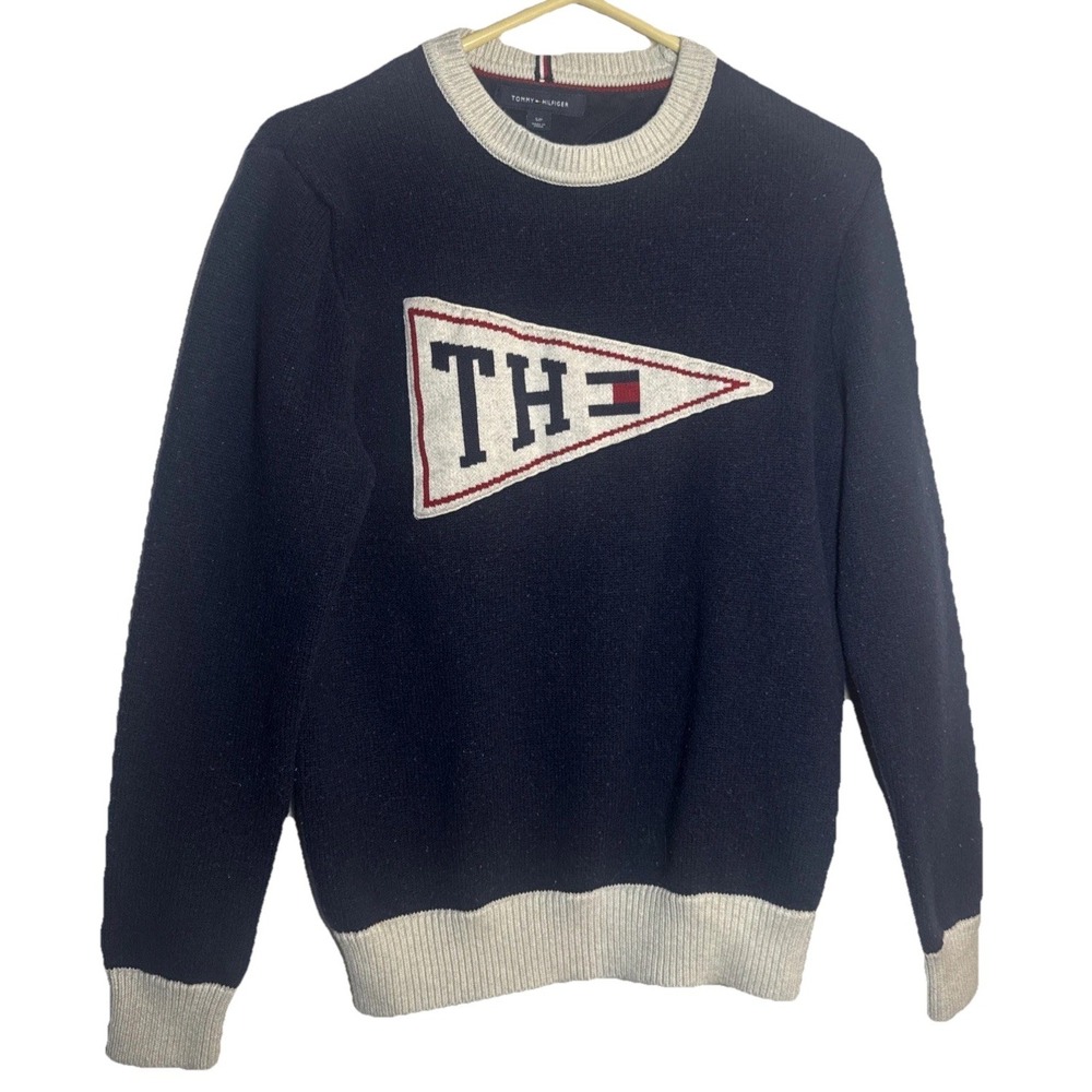Tommy Hilfiger Men's Small Navy Logo Sweater TH Flag Crewneck Cotton Wool
